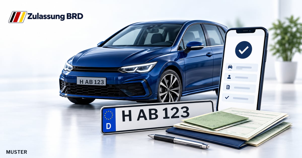 Online Fahrzeugzulassung in Gehrden: Musterkennzeichen H AB 123, Auto und Fahrzeugpapiere und Smartphone. Illustration mit Logo von Zulassung BRD.